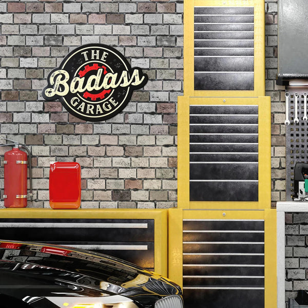 The Badass Garage Shaped and Embossed Metal Wall Sign Home Man Cave Bar Decor