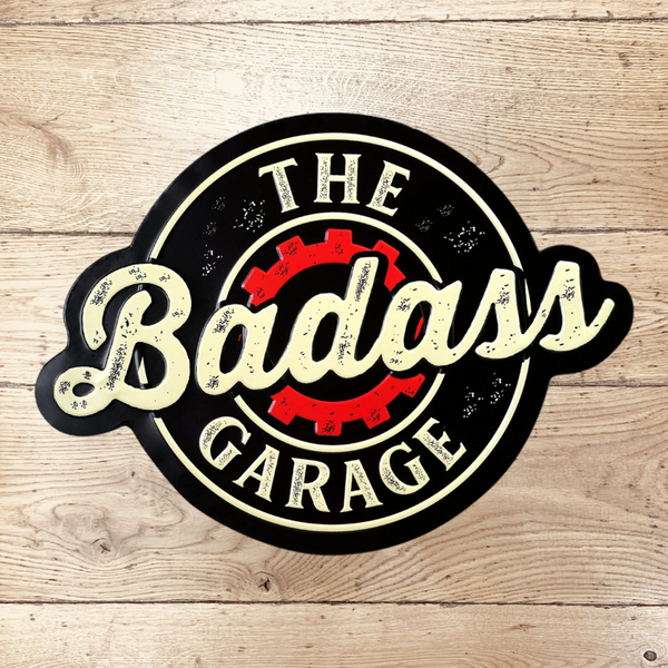 The Badass Garage Shaped and Embossed Metal Wall Sign Home Man Cave Bar Decor