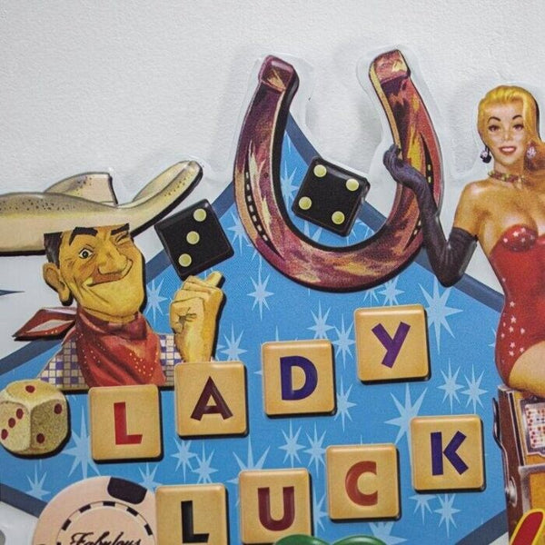 Las Vegas Lady Luck Sin City Embossed & Shaped Metal Sign, Poker Man Cave Bar Ga