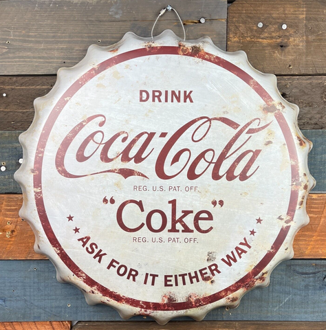 Coca-Cola Ask For It Either Way 16" Metal Bottle Cap Sign Decor Vintage Design