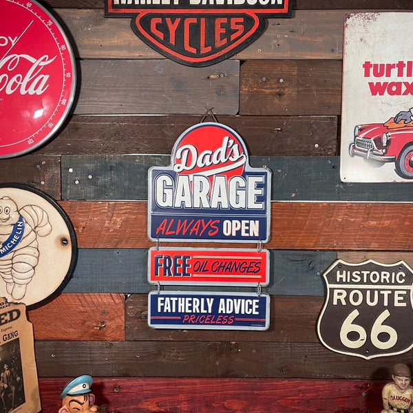 Dad's Garage Always Open Oil Changes Fatherly Advice Linked Embossed Metal Sign