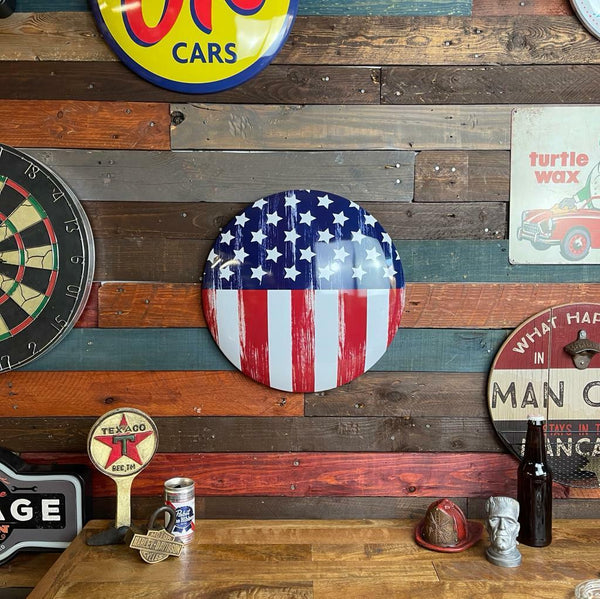 American Flag Dome Shaped Metal Sign for Bar, Garage, or Man Cave (15")