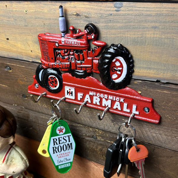 Mccormick Farmall Tractor Cast Iron Red Key Rack W/ Five Metal Hooks Wall Decor