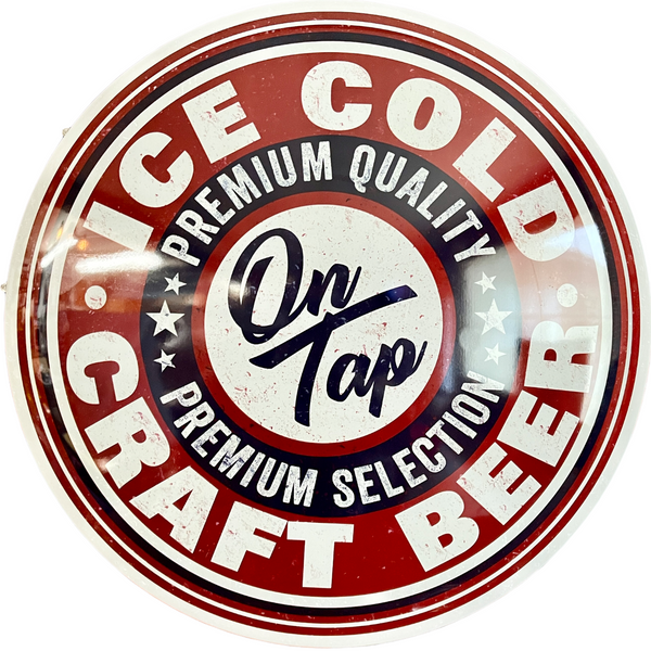 Ice Cold Craft Beer On Tap Dome Sign 15" Round Metal Sign, Bar Man Cave Decor