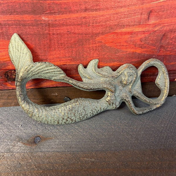 Mermaid Cast Iron Bottle Opener With Antique and Distressed Sea Green Finish