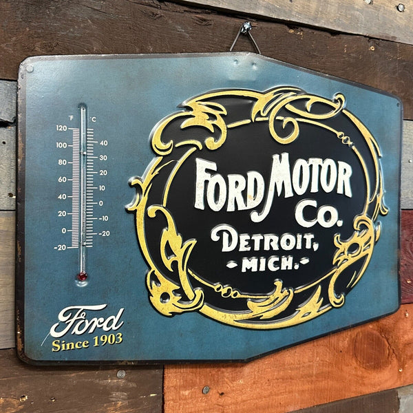 Ford Motor Co. Detroit Mich. Embossed Thermometer & Sign Vintage Advertising