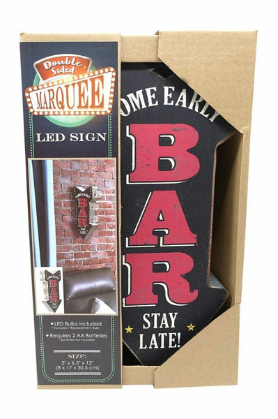 BAR Come Early Stay Late! LED Sign, Arrow Shaped Double Sided, Beer Man Cave Pub