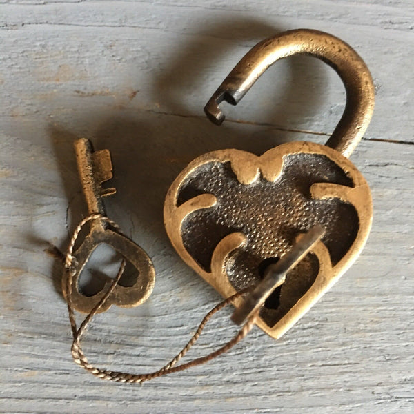 Ornate Heart Lock, Solid Brass With Antique Finish And Two Keys, 2” X 1.25”