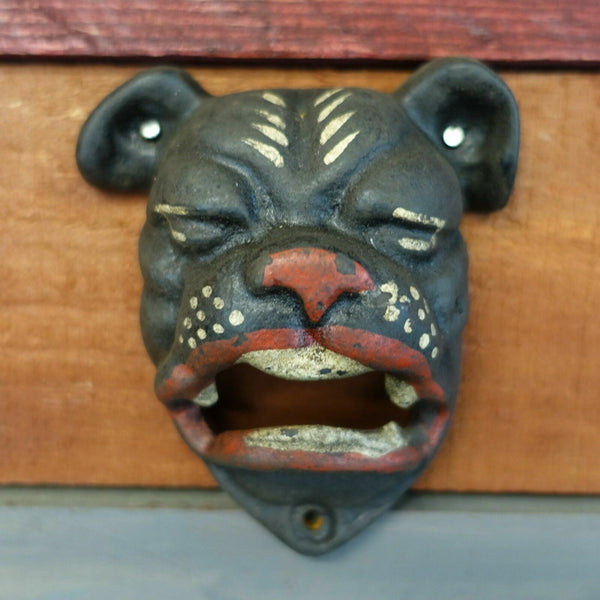 Bulldog Cast Iron Wall Mounted Bottle Opener Painted Antique Distressed Finish