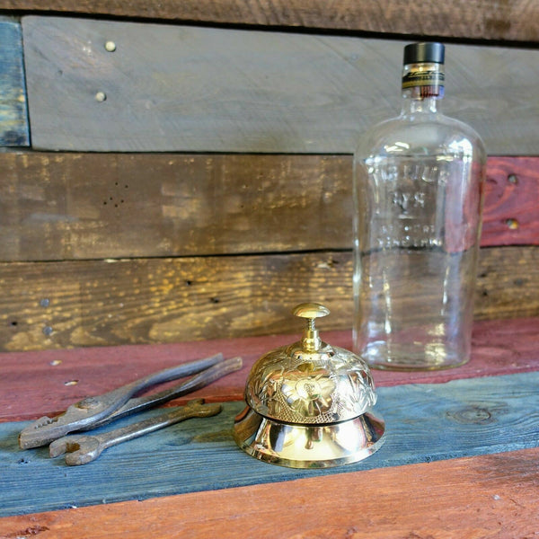 Ornate Victorian Desk Bell, Polished Brass W/ Engraved Victorian Flower Detail