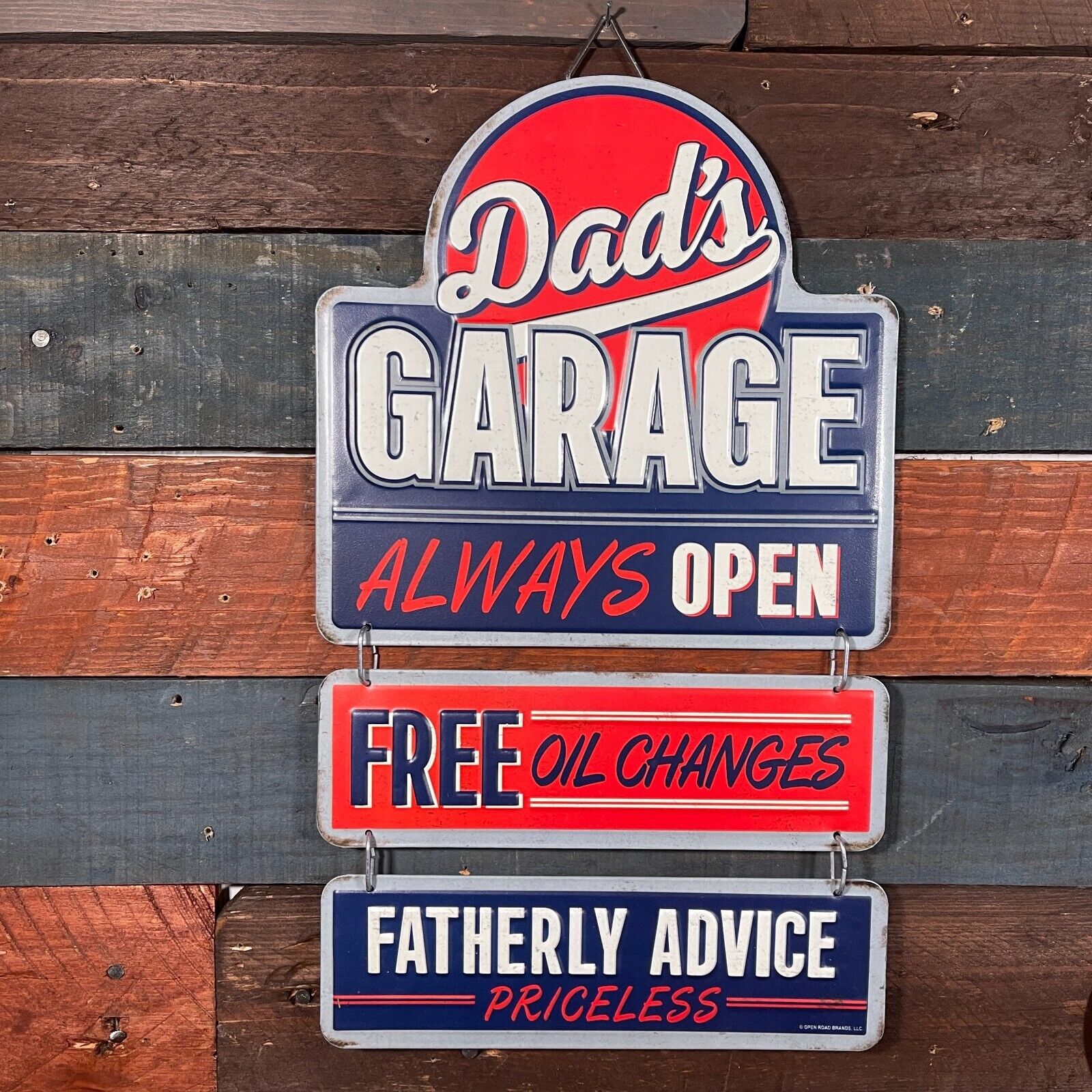 Dad's Garage Always Open Oil Changes Fatherly Advice Linked Embossed Metal Sign