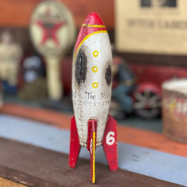 Rocket Toy Bank, Cast Iron Rocket To The Moon Bank W/ Painted Antique Finish