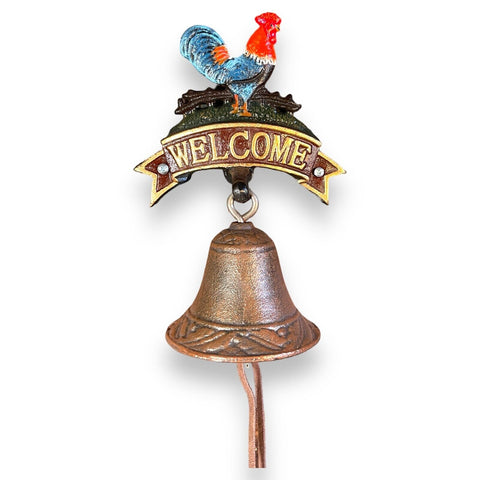 Rooster Welcome Mounted Cast Iron Bell With Painted Antique Finish