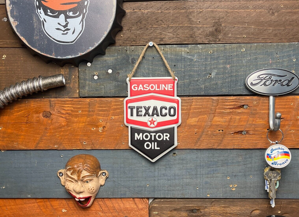 Texaco Motor Oil Gasoline Shield Hanging Metal Sign