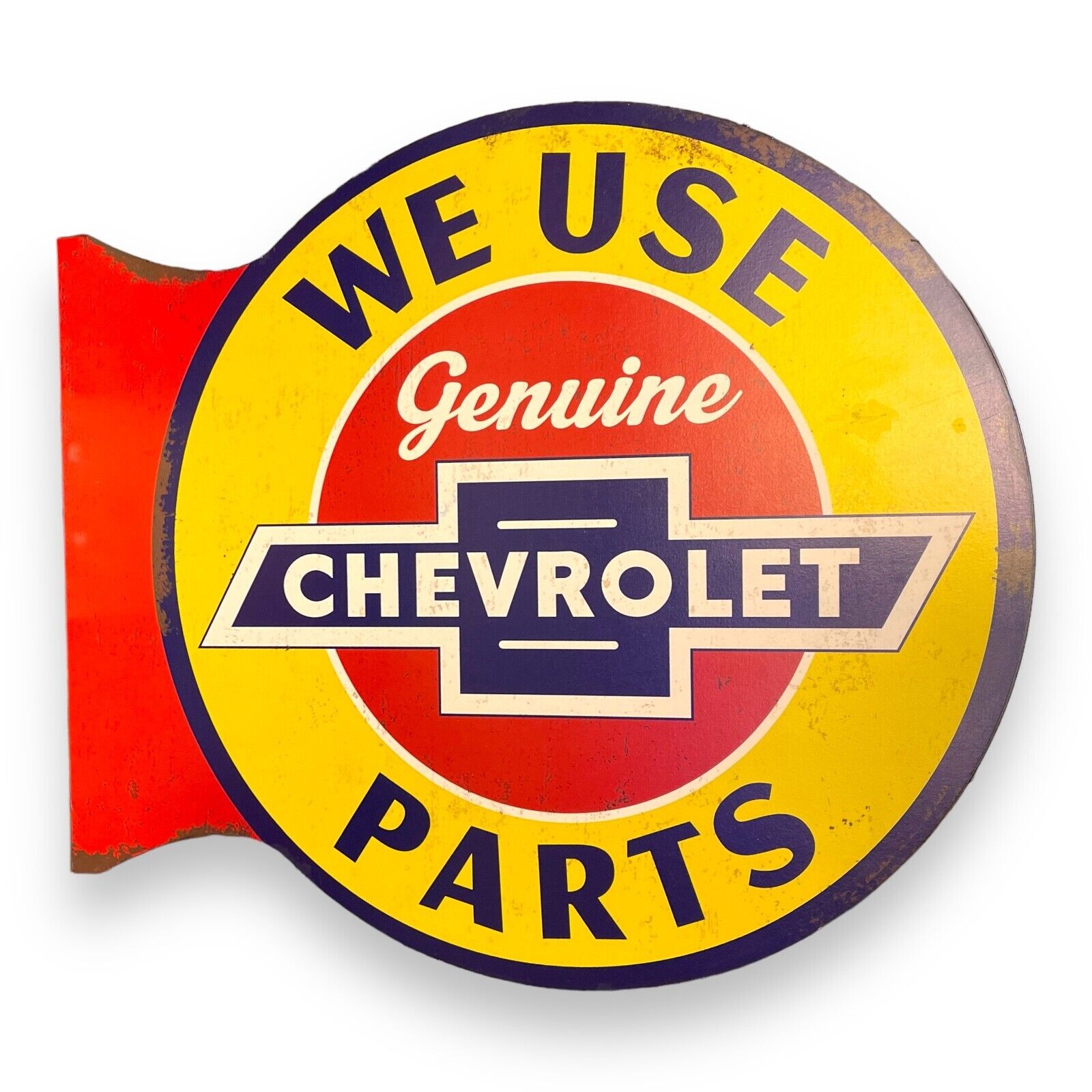 Chevrolet Genuine We Use Parts Double Sided Flange Metal Sign Distressed Finish