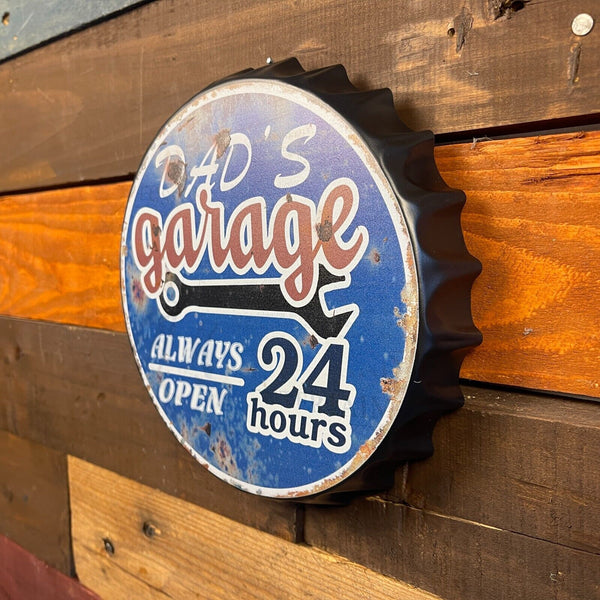 Dad's Garage Open 24 Hours 8"' Bottle Cap Metal Sign With Vintage Finish