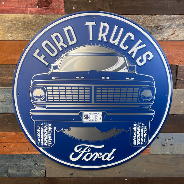 Ford Trucks 24" Round Blue Metal Advertising Sign Game Room Bar Man Cave Decor