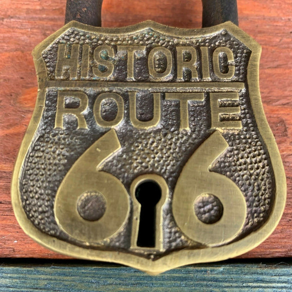 Historic Route 66 Brass Lock & 2 Keys, Embossed Lettering, Antique Finish