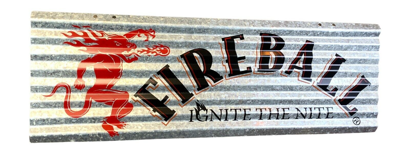  Fireball Whisky Ignite The Nite Screenprinted Corrugated Metal Sign, 24" x 8"