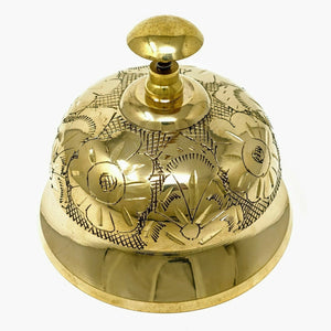 Ornate Victorian Desk Bell, Polished Brass W/ Engraved Victorian Flower Detail