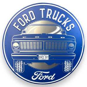 Ford Trucks 24" Round Blue Metal Advertising Sign Game Room Bar Man Cave Decor