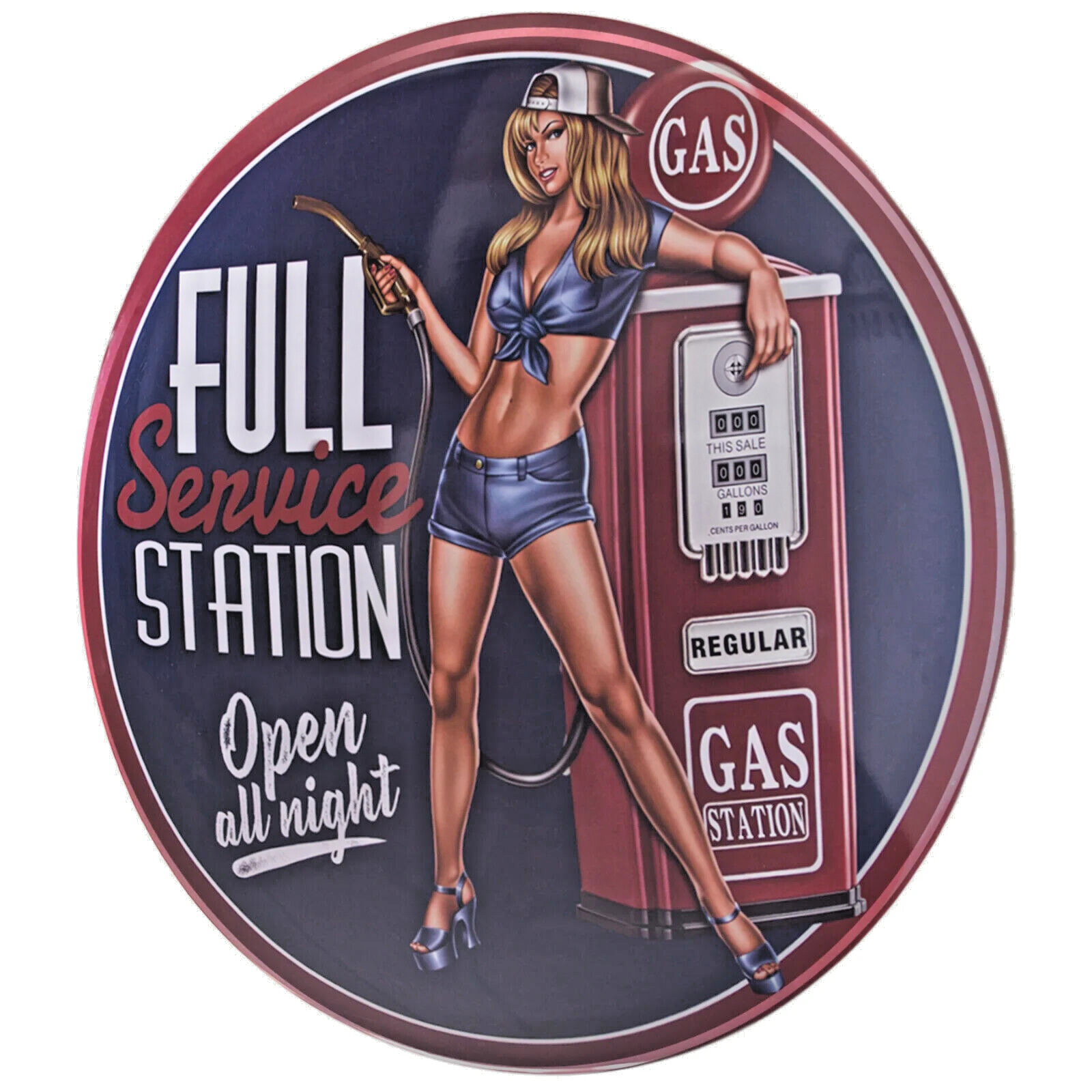 Full Service Station Open All Night Pin-Up Girl Dome and Rounded 16" Metal Sign