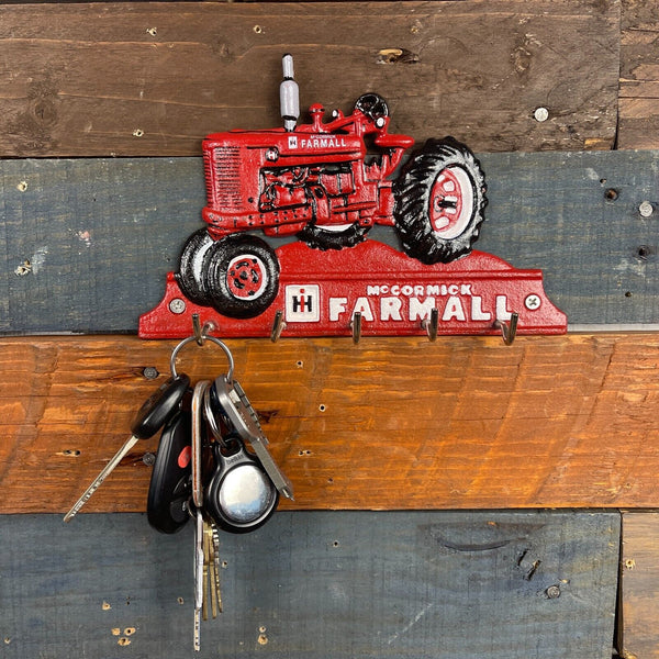 Mccormick Farmall Tractor Cast Iron Red Key Rack W/ Five Metal Hooks Wall Decor