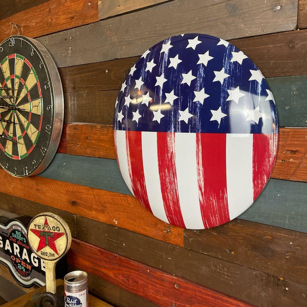 American Flag Dome Shaped Metal Sign for Bar, Garage, or Man Cave (15")