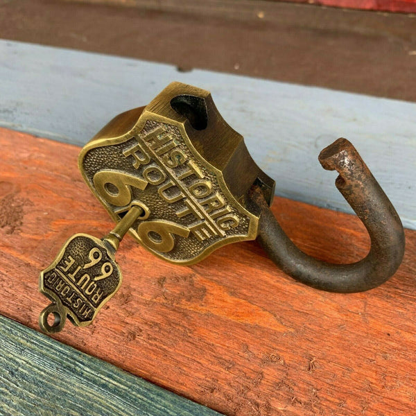 Historic Route 66 Brass Lock & 2 Keys, Embossed Lettering, Antique Finish