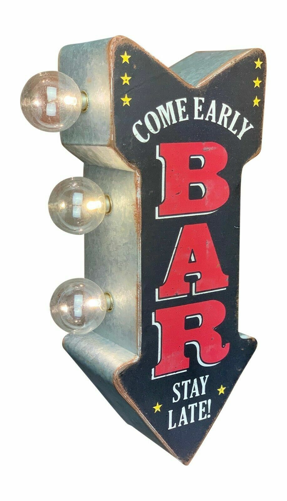 BAR Come Early Stay Late! LED Sign, Arrow Shaped Double Sided, Beer Man Cave Pub