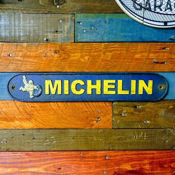 Michelin Tire Man Cast Iron Sign W/ A Distressed Antique Hand Painted Finish