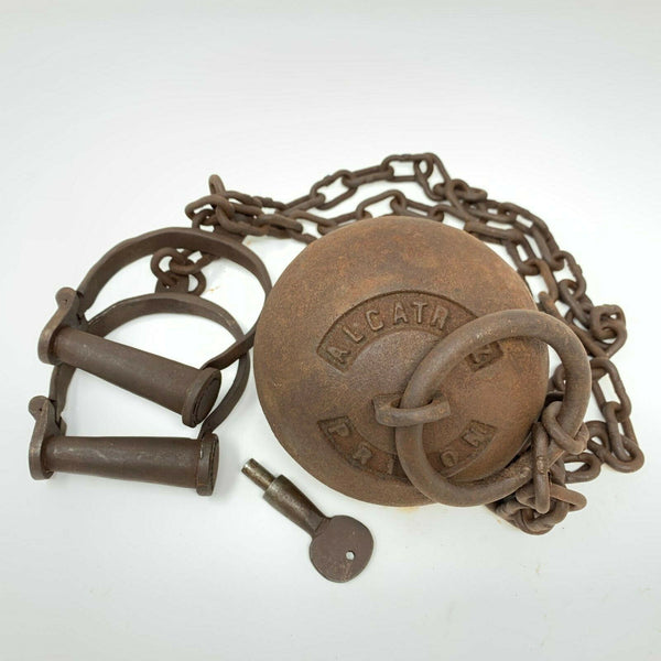 Alcatraz Prison Cast Iron Ball & Chain, Leg Irons Working Lock, Antique Finish 