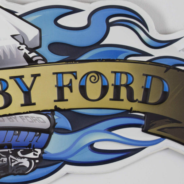 Powered by Ford Embossed Metal Wall Sign, 23.75 x 11.25, Retro-Style Garage Decor with Saw-Tooth Hanger, Lightweight Ford Memorabilia for Bar, Home, Shop, or Man Cave