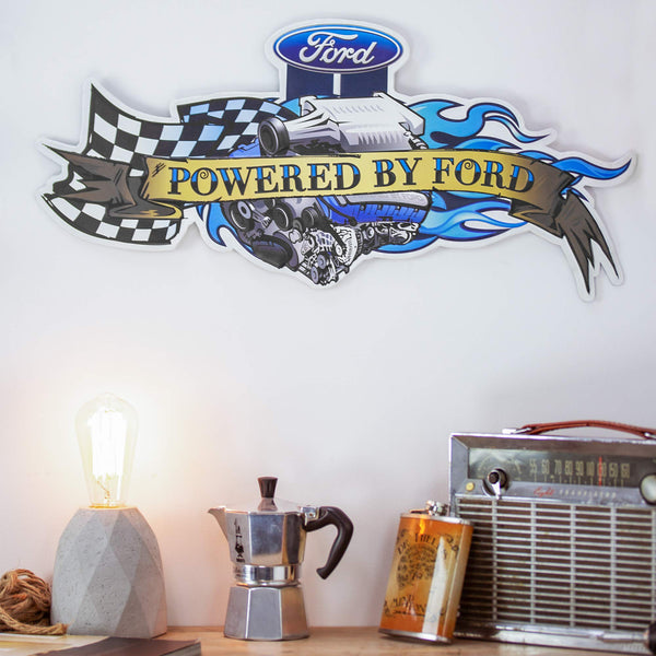 Powered by Ford Embossed Metal Wall Sign, 23.75 x 11.25, Retro-Style Garage Decor with Saw-Tooth Hanger, Lightweight Ford Memorabilia for Bar, Home, Shop, or Man Cave