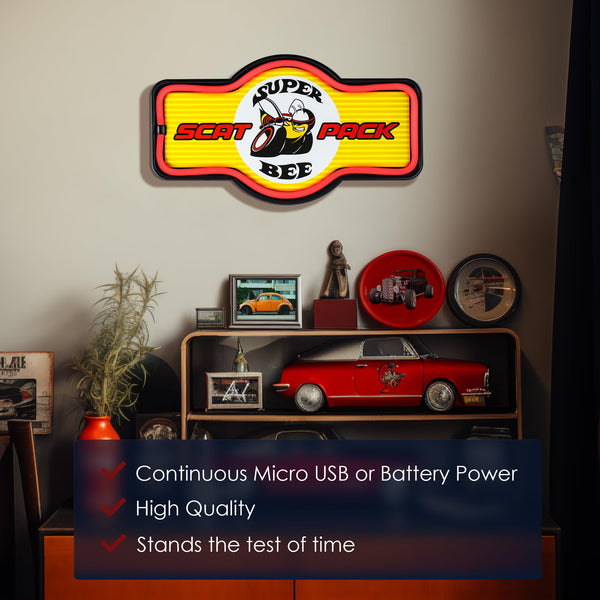 Dodge Super Bee Scat Pack LED “Neon” Wall Sign—USB/AA Power, Vintage-Style Lighted Décor for Garage, Home Bar, Man Cave—Automotive Collectible Gift