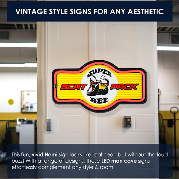 Dodge Super Bee Scat Pack LED “Neon” Wall Sign—USB/AA Power, Vintage-Style Lighted Décor for Garage, Home Bar, Man Cave—Automotive Collectible Gift
