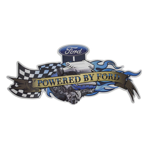Powered by Ford Embossed Metal Wall Sign, 23.75 x 11.25, Retro-Style Garage Decor with Saw-Tooth Hanger, Lightweight Ford Memorabilia for Bar, Home, Shop, or Man Cave