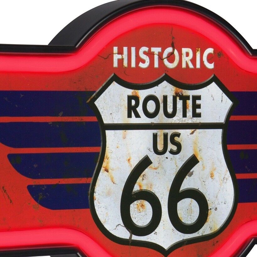 Poster Luminoso Route 66 Vintage - Targa Metallica LED Per Parete, Decorazione Retrò Per Casa O Garage