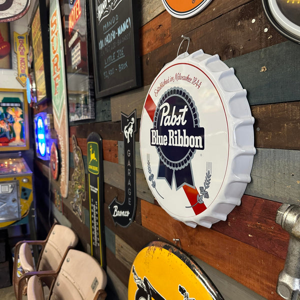 Pabst Blue Ribbon PBR Beer Metal Wall Sign, 16 Inch Bottle Cap Design, Vintage Style Beer Home Decor