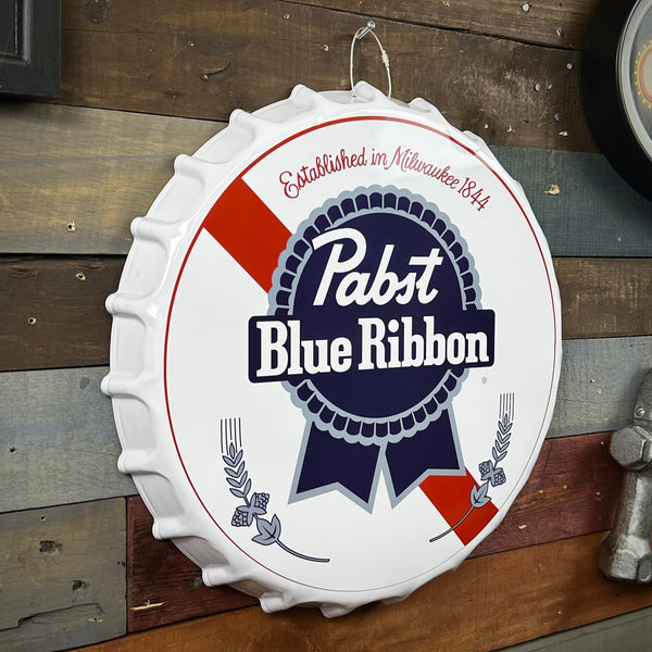 Pabst Blue Ribbon PBR Beer Metal Wall Sign, 16 Inch Bottle Cap Design, Vintage Style Beer Home Decor