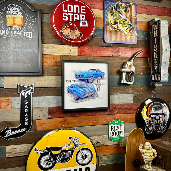 Mustang GT Shadowbox Wall Art, Screen Printed On Glass, 16x16 Inch Black Wood Frame, Vintage Classic Muscle Car Print on Glass, Home Decor