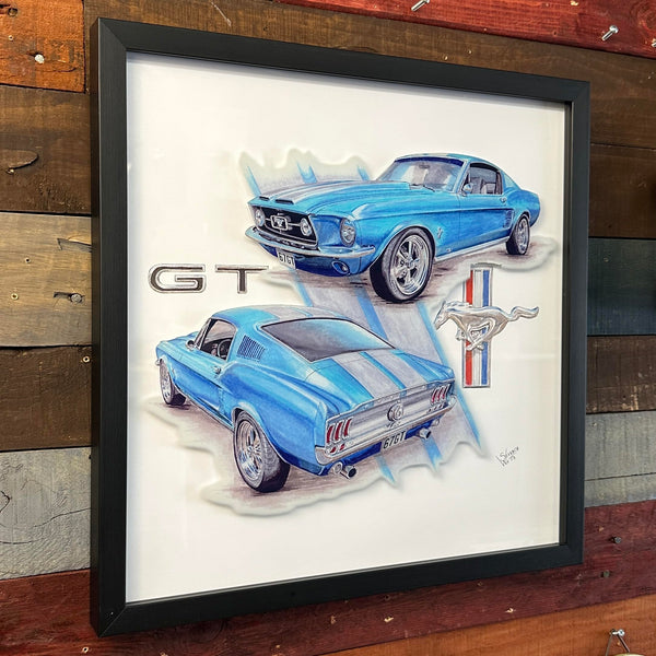 Mustang GT Shadowbox Wall Art, Screen Printed On Glass, 16x16 Inch Black Wood Frame, Vintage Classic Muscle Car Print on Glass, Home Decor