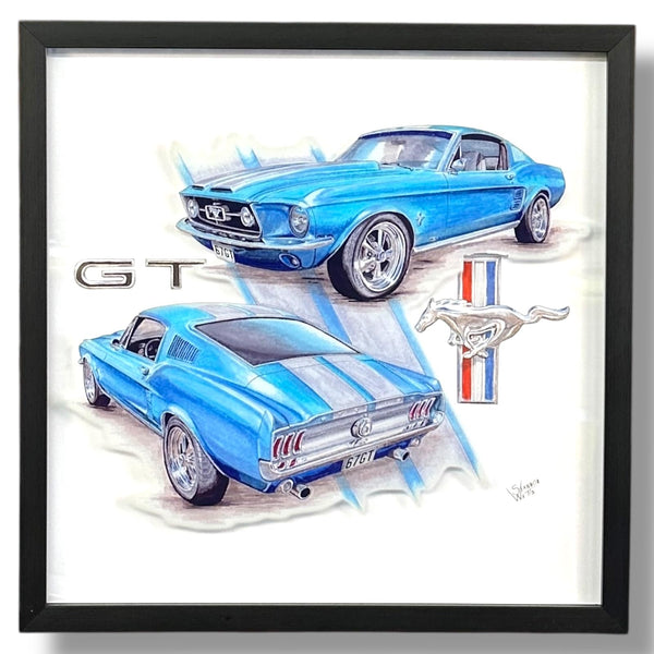 Mustang GT Shadowbox Wall Art, Screen Printed On Glass, 16x16 Inch Black Wood Frame, Vintage Classic Muscle Car Print on Glass, Home Decor