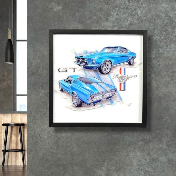 Mustang GT Shadowbox Wall Art, Screen Printed On Glass, 16x16 Inch Black Wood Frame, Vintage Classic Muscle Car Print on Glass, Home Decor