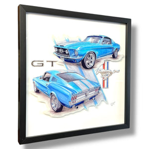 Mustang GT Shadowbox Wall Art, Screen Printed On Glass, 16x16 Inch Black Wood Frame, Vintage Classic Muscle Car Print on Glass, Home Decor