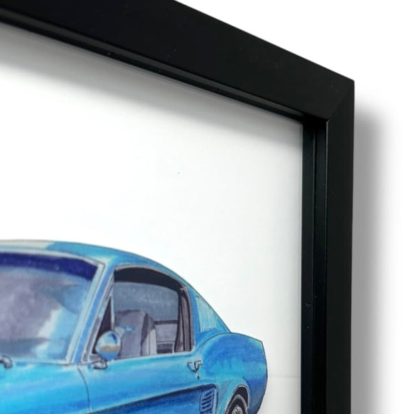 Mustang GT Shadowbox Wall Art, Screen Printed On Glass, 16x16 Inch Black Wood Frame, Vintage Classic Muscle Car Print on Glass, Home Decor