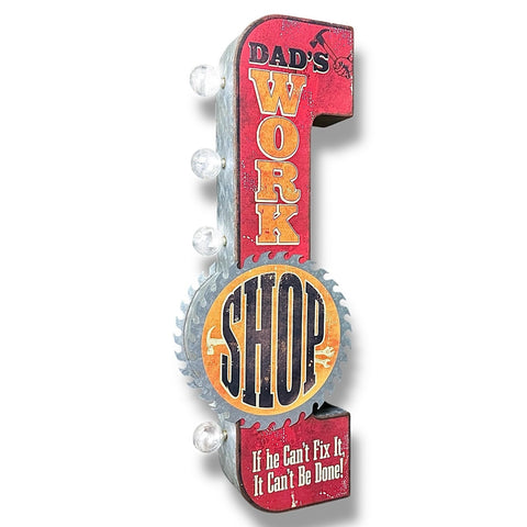Dad's Workshop Double-Sided LED Wall Sign – Vintage Marquee-Style Lighted Wall Décor for Garage, Man Cave, Game Room, or Home Bar – 25” x 7.5” Metal Sign with Retro Design