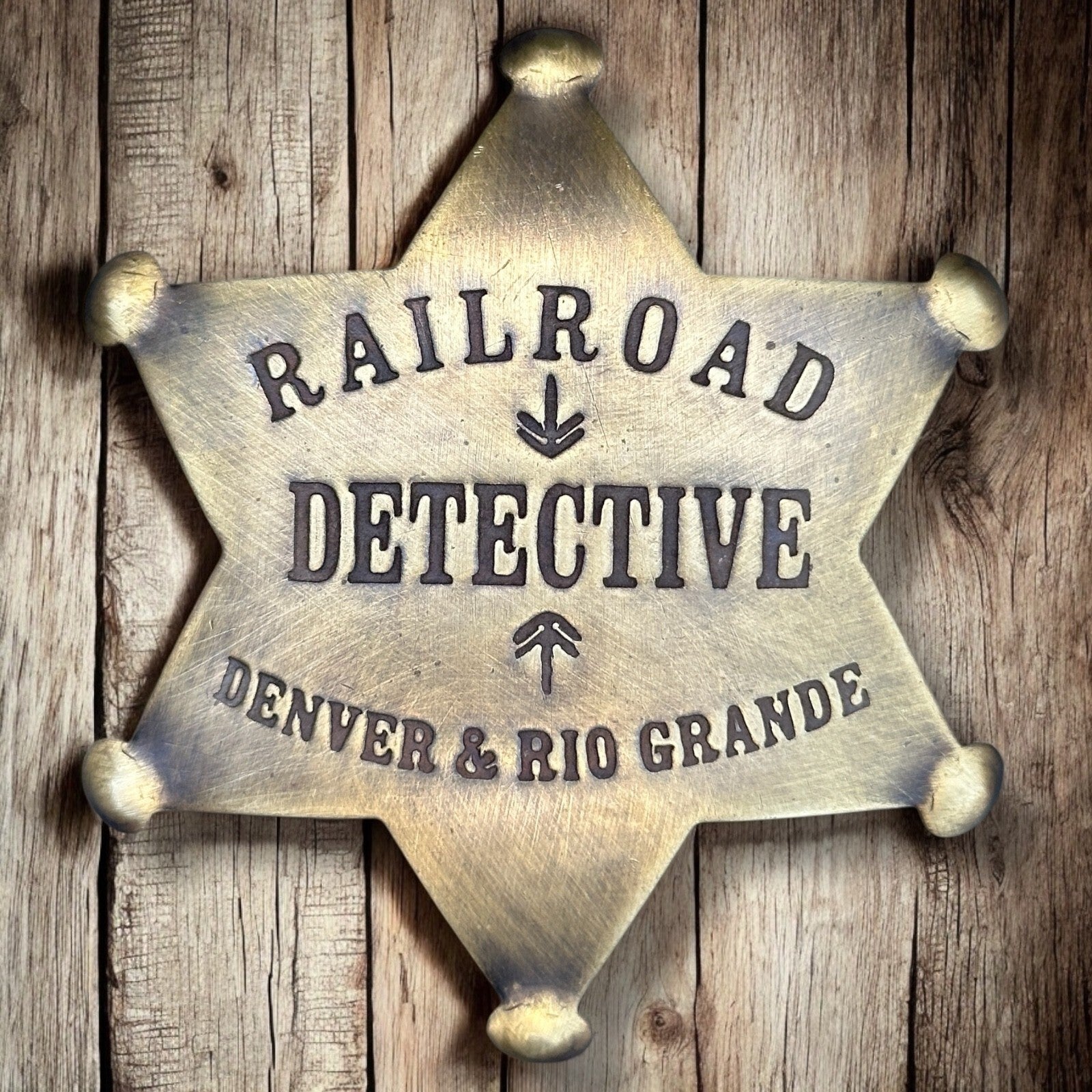 RAILROAD DETECTIVE Badge Solid Brass Old West Lawman Replica Denver & Rio Grande