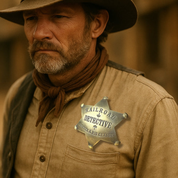 RAILROAD DETECTIVE Badge Solid Brass Old West Lawman Replica Denver & Rio Grande