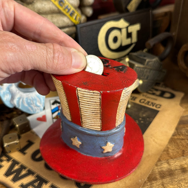 USA Patriotic Hat Coin Bank Cast Aluminum 4" Vintage Style Red White Blue
